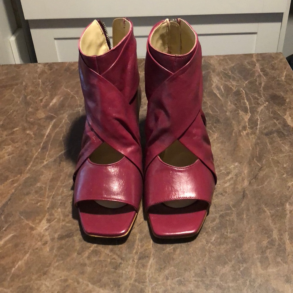 Raspberry colored open toed booties